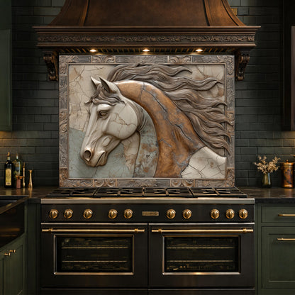 Noble Stallion Tempered Glass Backsplash, Copper Look Horse Portrait Wall Panel, Custom Size
