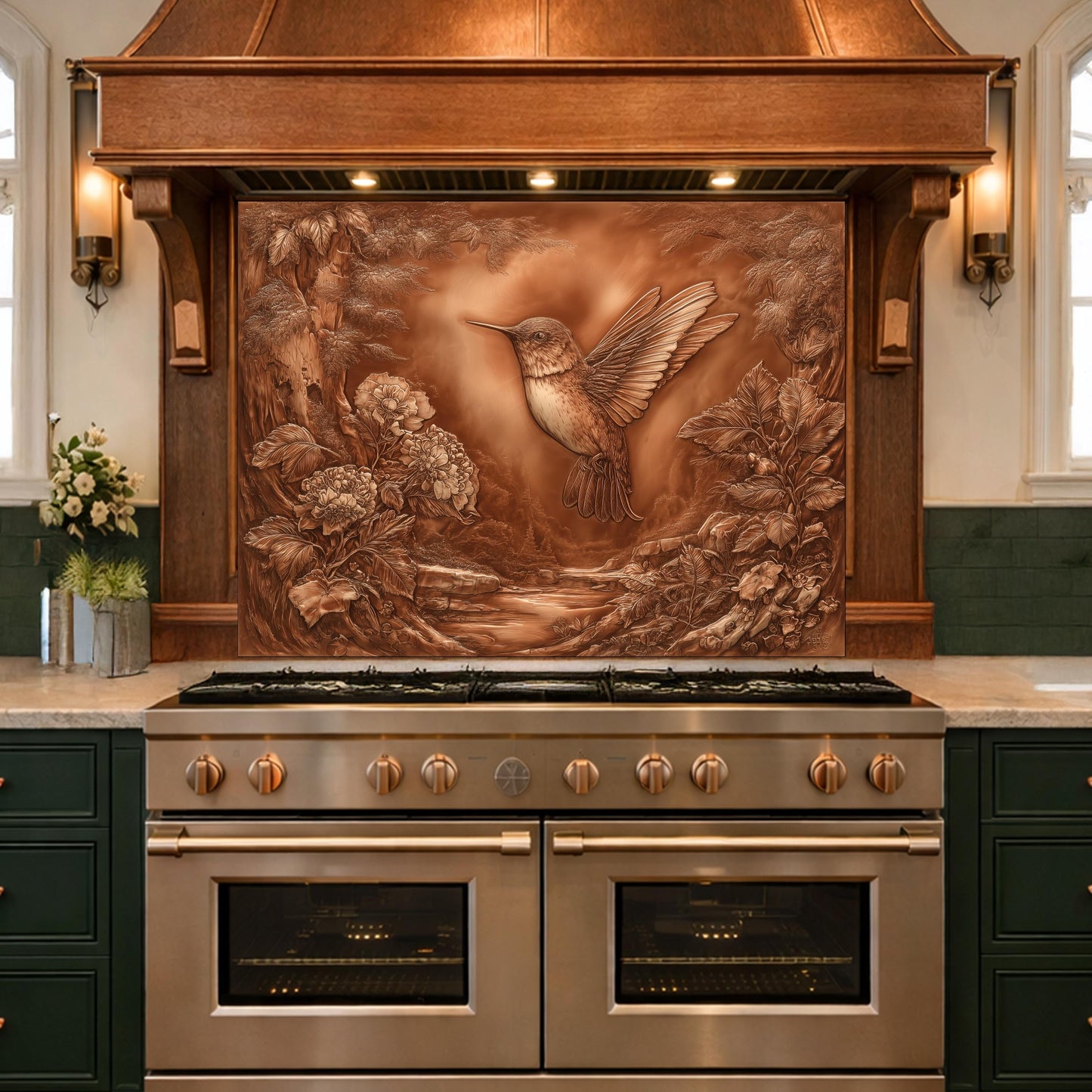Hummingbird Garden Tempered Glass Backsplash, Copper Look Floral Bird Wall Panel, Custom Size