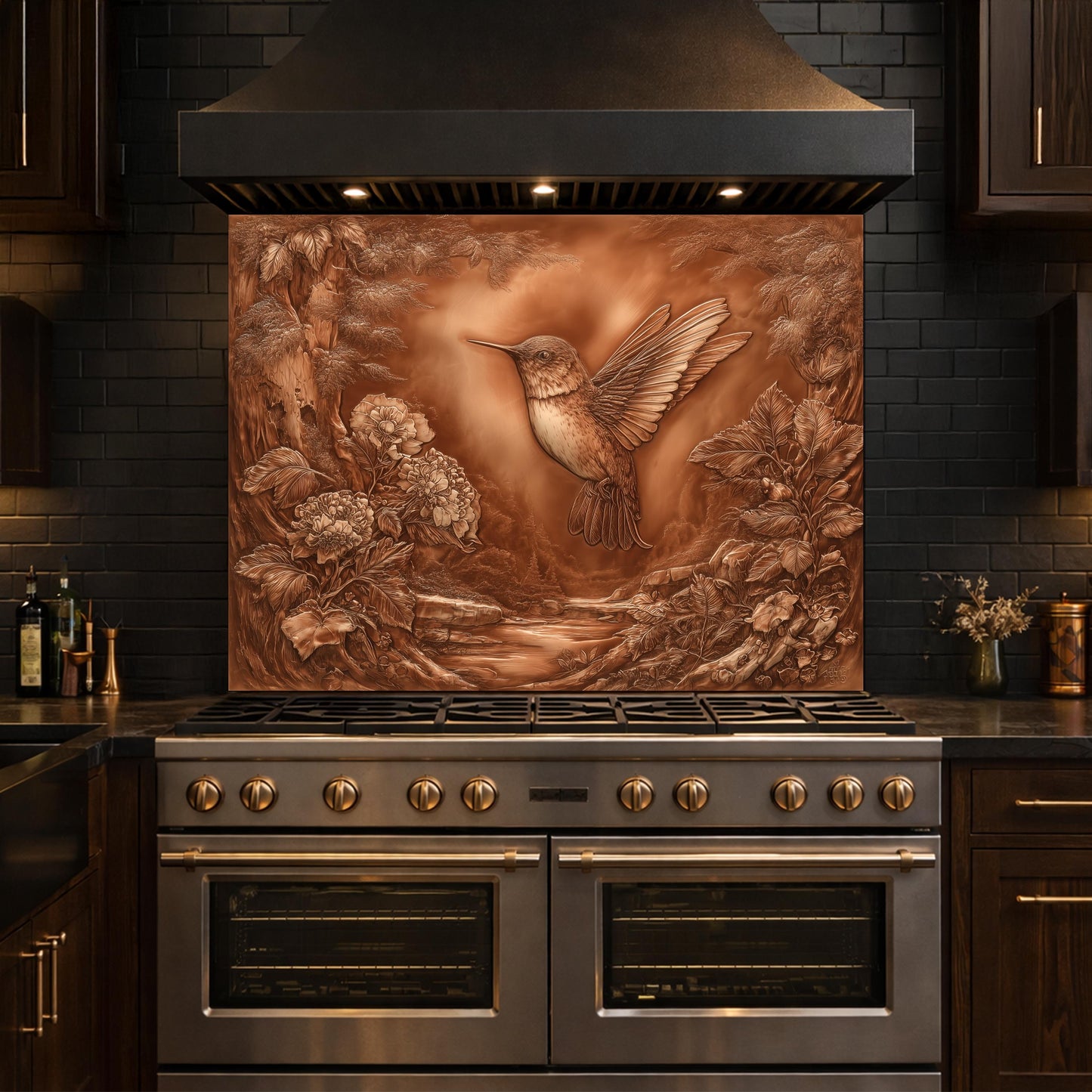Hummingbird Garden Tempered Glass Backsplash, Copper Look Floral Bird Wall Panel, Custom Size