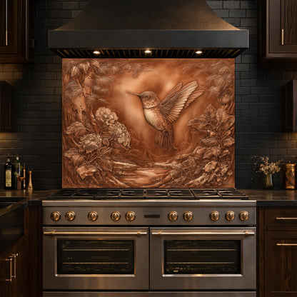 Hummingbird Garden Tempered Glass Backsplash, Copper Look Floral Bird Wall Panel, Custom Size