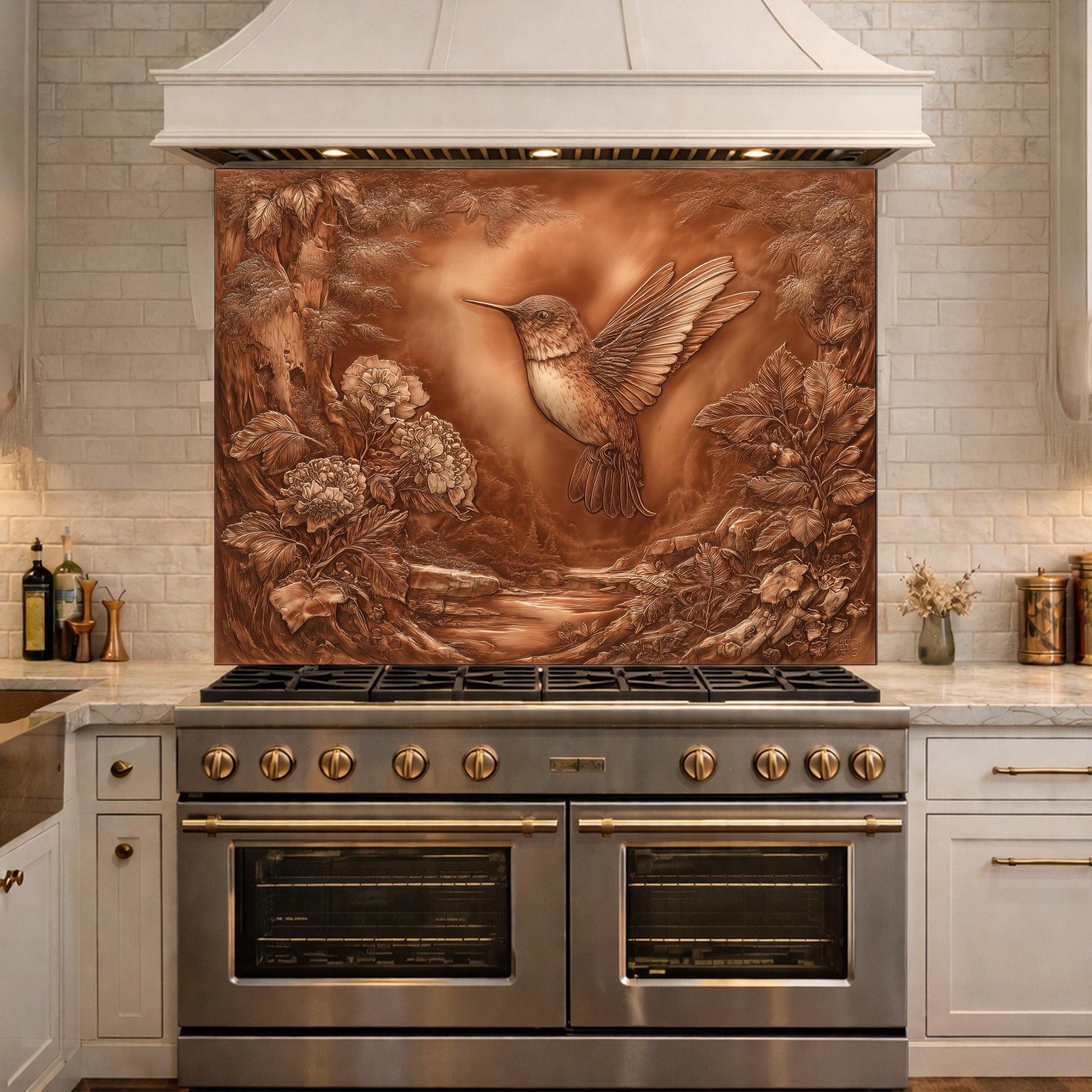 Hummingbird Garden Tempered Glass Backsplash, Copper Look Floral Bird Wall Panel, Custom Size