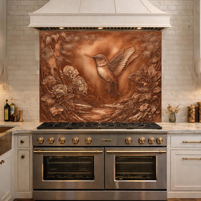 Hummingbird Garden Tempered Glass Backsplash, Copper Look Floral Bird Wall Panel, Custom Size