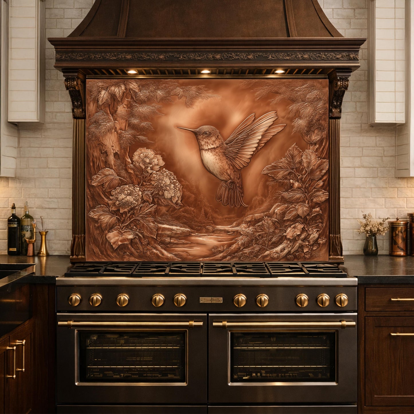 Hummingbird Garden Tempered Glass Backsplash, Copper Look Floral Bird Wall Panel, Custom Size