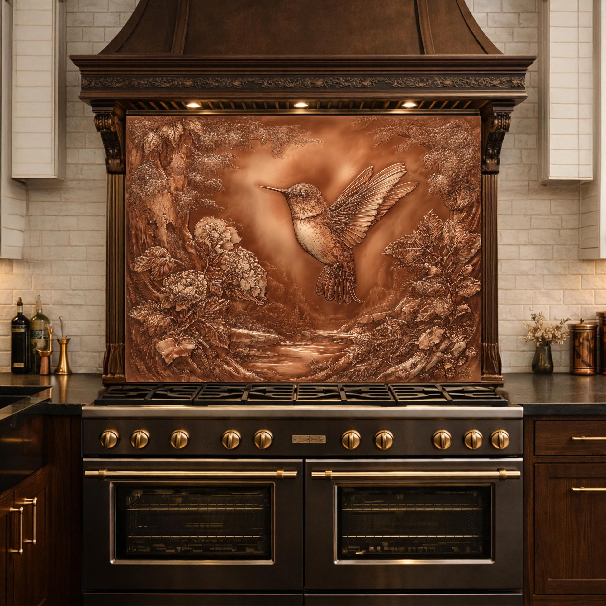 Hummingbird Garden Tempered Glass Backsplash, Copper Look Floral Bird Wall Panel, Custom Size