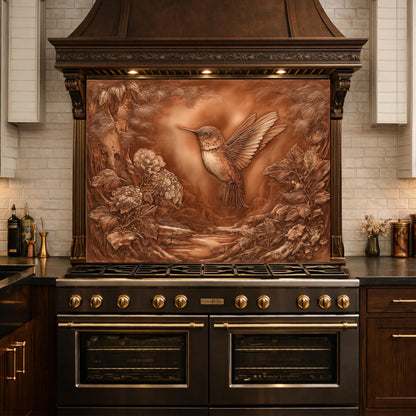 Hummingbird Garden Tempered Glass Backsplash, Copper Look Floral Bird Wall Panel, Custom Size