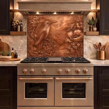 Songbird Mountain View Tempered Glass Backsplash, Copper Look Floral Bird Wall Panel, Custom Size