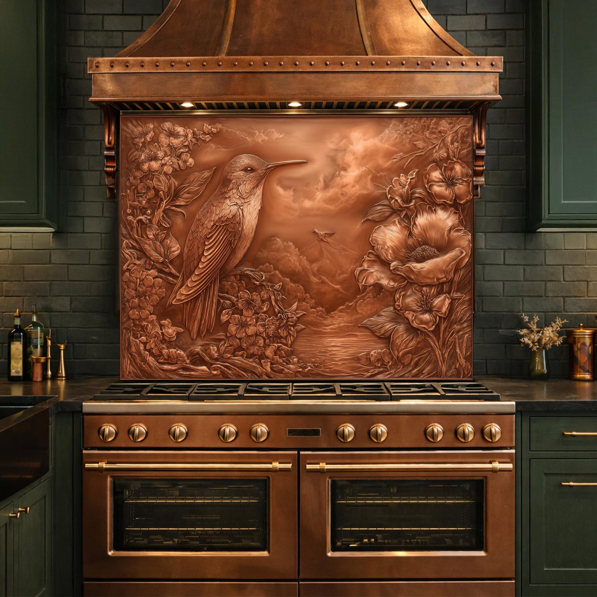 Songbird Mountain View Tempered Glass Backsplash, Copper Look Floral Bird Wall Panel, Custom Size