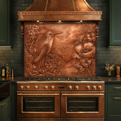 Songbird Mountain View Tempered Glass Backsplash, Copper Look Floral Bird Wall Panel, Custom Size