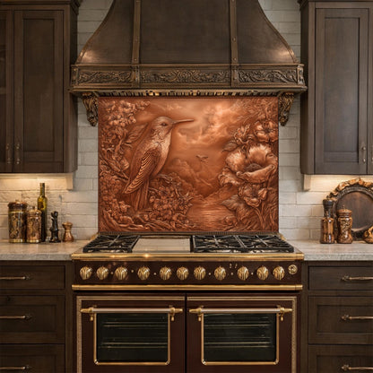 Songbird Mountain View Tempered Glass Backsplash, Copper Look Floral Bird Wall Panel, Custom Size