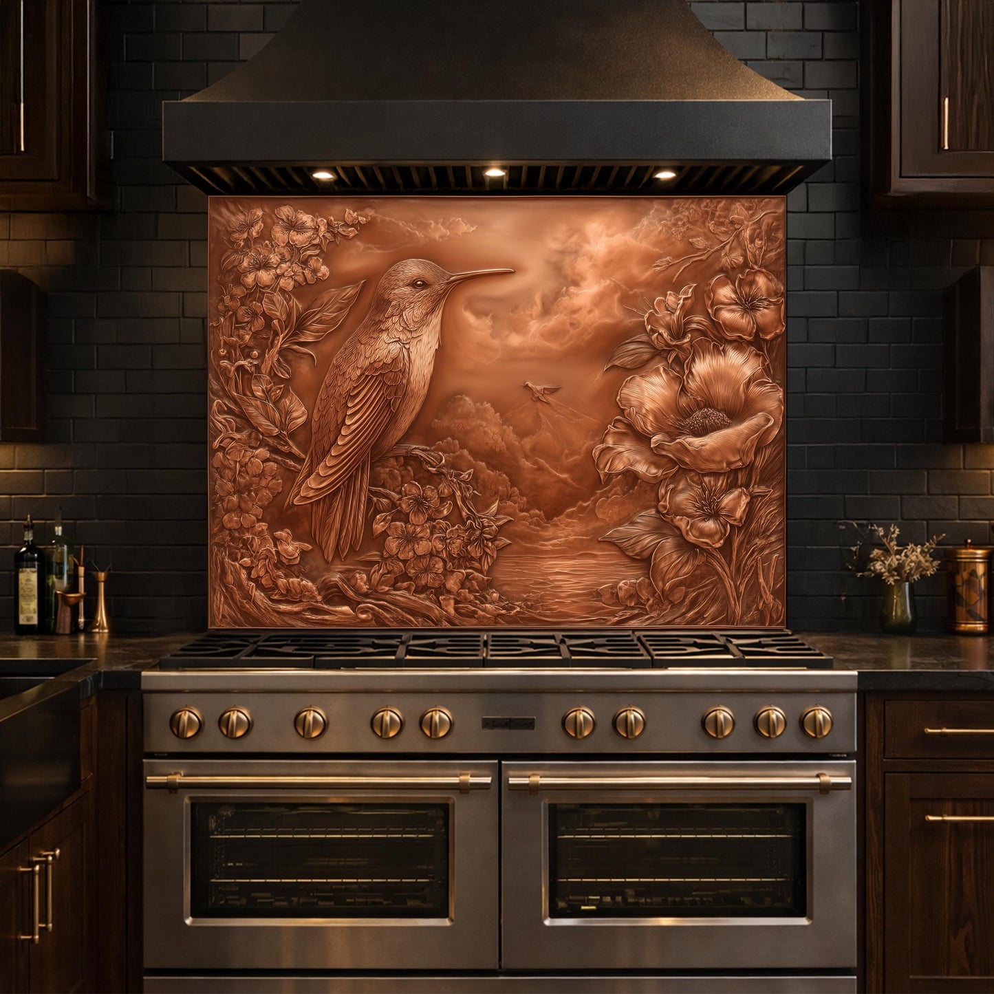 Songbird Mountain View Tempered Glass Backsplash, Copper Look Floral Bird Wall Panel, Custom Size