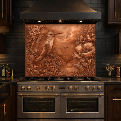 Songbird Mountain View Tempered Glass Backsplash, Copper Look Floral Bird Wall Panel, Custom Size