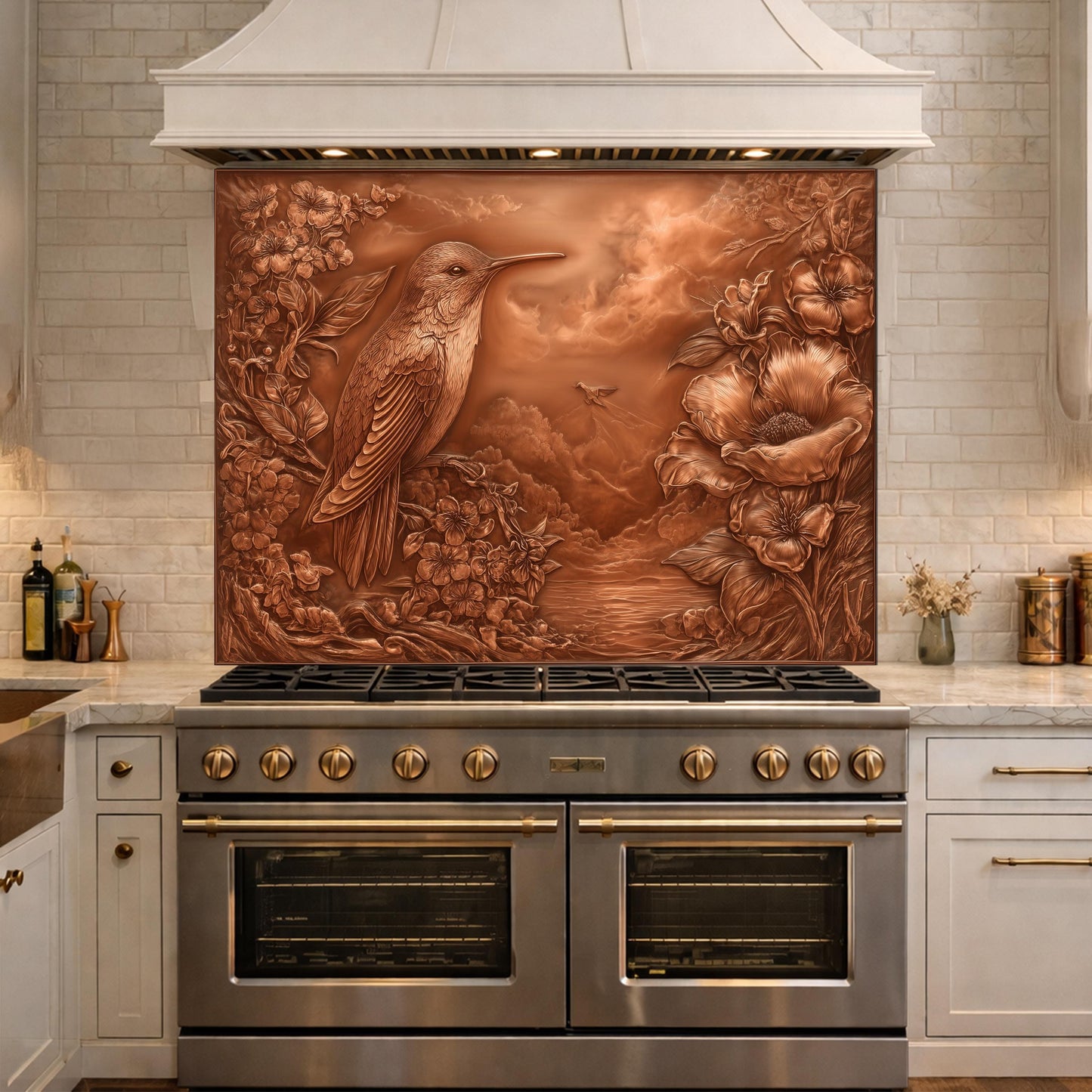 Songbird Mountain View Tempered Glass Backsplash, Copper Look Floral Bird Wall Panel, Custom Size