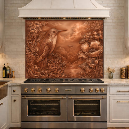 Songbird Mountain View Tempered Glass Backsplash, Copper Look Floral Bird Wall Panel, Custom Size