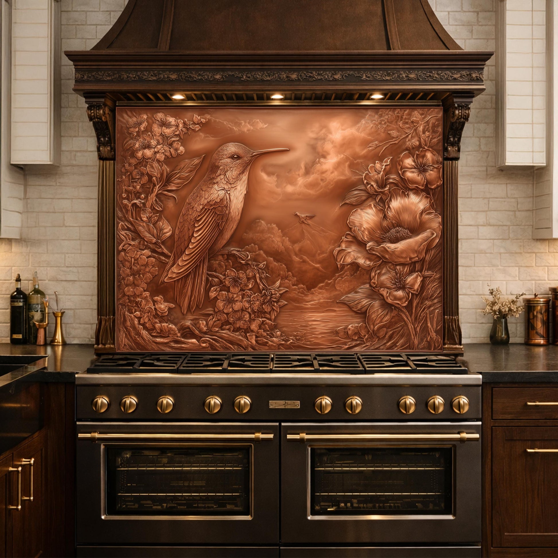 Songbird Mountain View Tempered Glass Backsplash, Copper Look Floral Bird Wall Panel, Custom Size