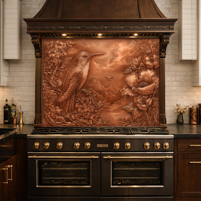 Songbird Mountain View Tempered Glass Backsplash, Copper Look Floral Bird Wall Panel, Custom Size