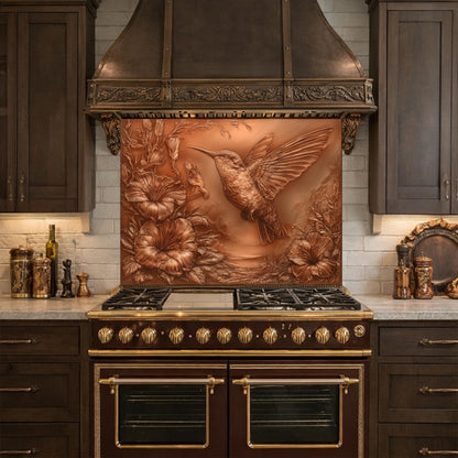 Hummingbird and Morning Glory Backsplash, Copper Look Floral Bird Wall Panel, Custom Size