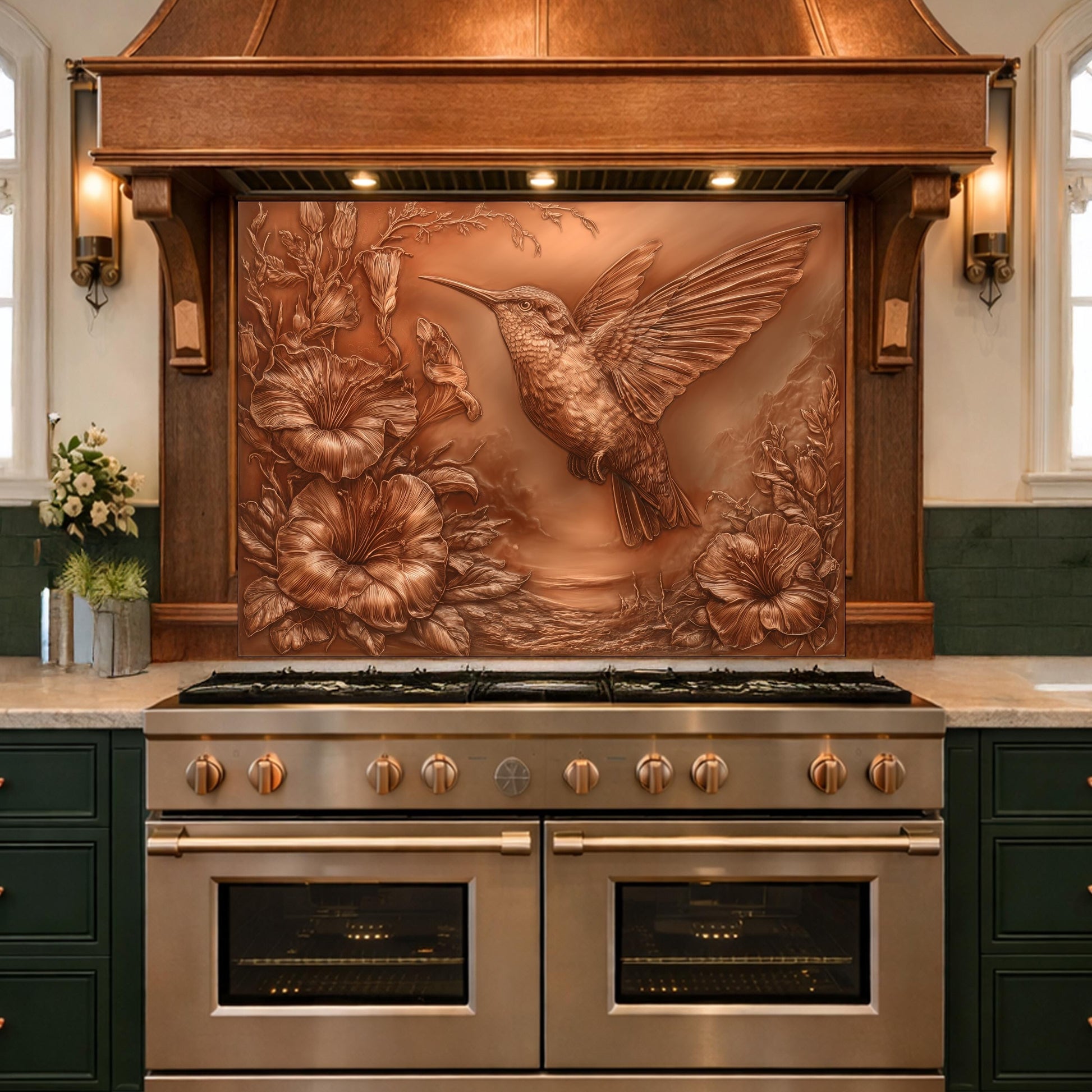 Hummingbird and Morning Glory Backsplash, Copper Look Floral Bird Wall Panel, Custom Size