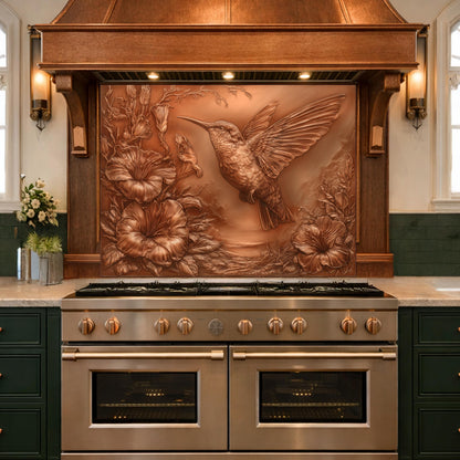 Hummingbird and Morning Glory Backsplash, Copper Look Floral Bird Wall Panel, Custom Size