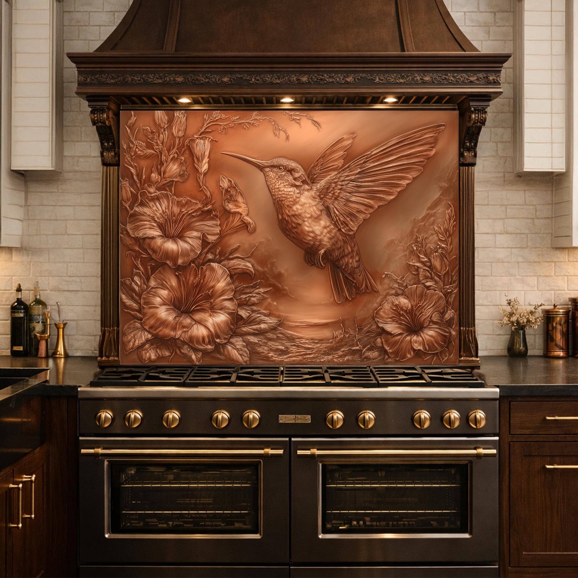 Hummingbird and Morning Glory Backsplash, Copper Look Floral Bird Wall Panel, Custom Size