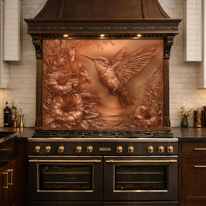 Hummingbird and Morning Glory Backsplash, Copper Look Floral Bird Wall Panel, Custom Size