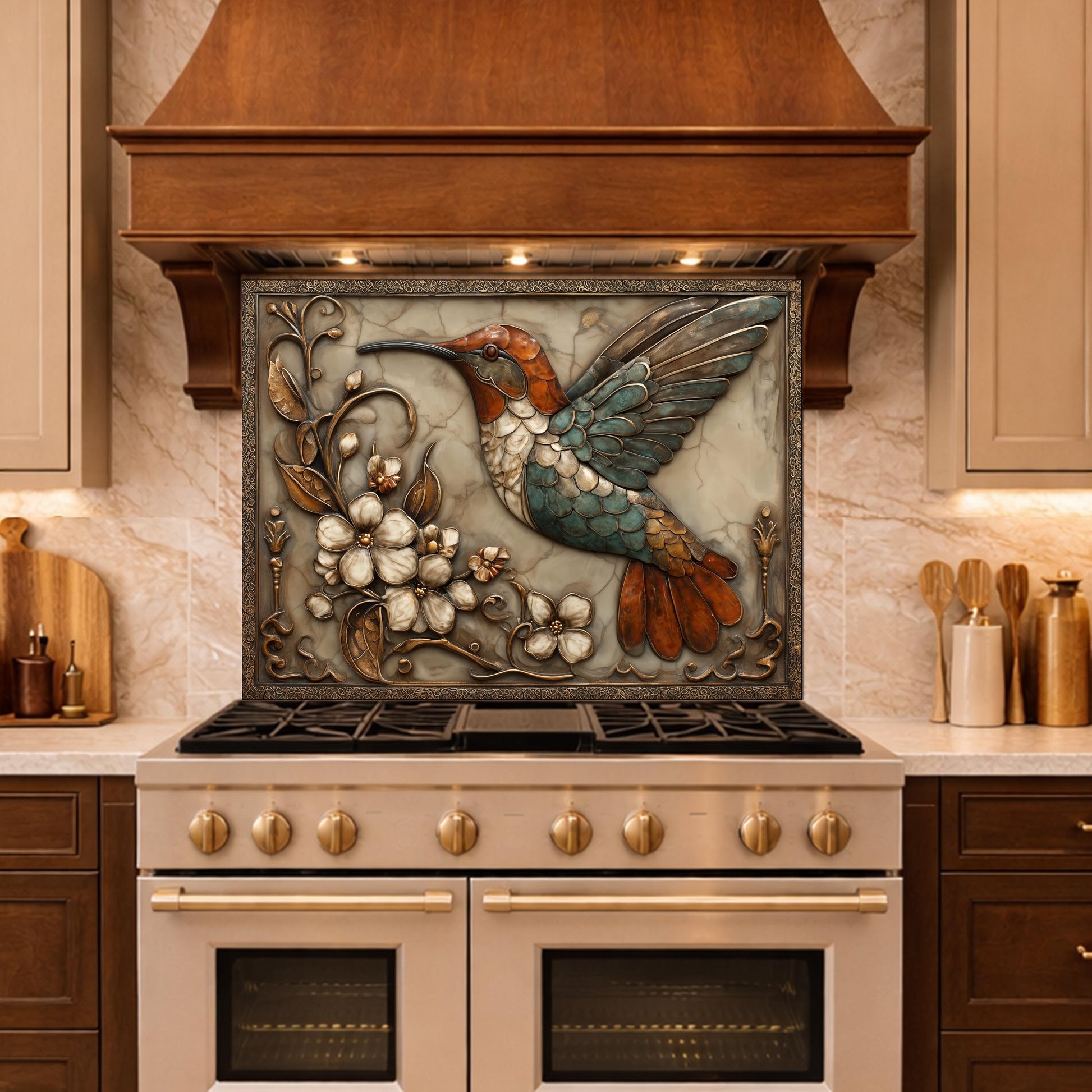 Colorful Hummingbird Tempered Glass Backsplash, Copper Look Floral Bird Wall Panel, Custom Size