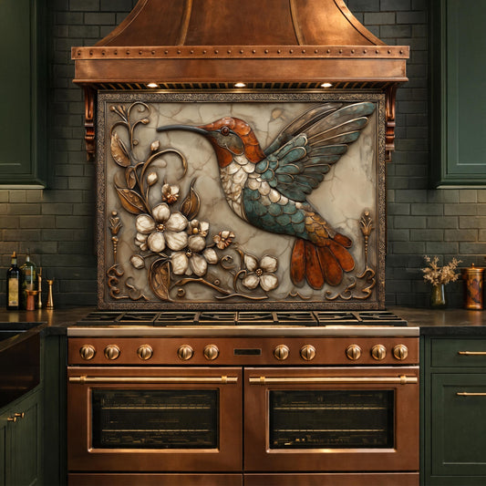 Colorful Hummingbird Tempered Glass Backsplash, Copper Look Floral Bird Wall Panel, Custom Size