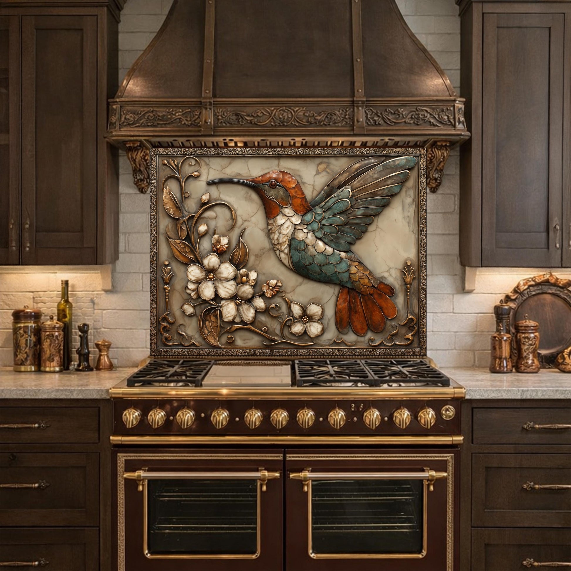 Colorful Hummingbird Tempered Glass Backsplash, Copper Look Floral Bird Wall Panel, Custom Size