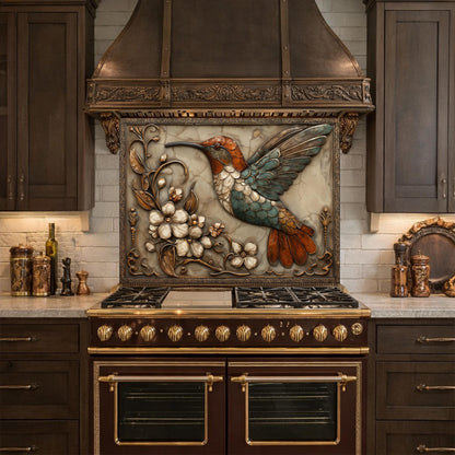 Colorful Hummingbird Tempered Glass Backsplash, Copper Look Floral Bird Wall Panel, Custom Size
