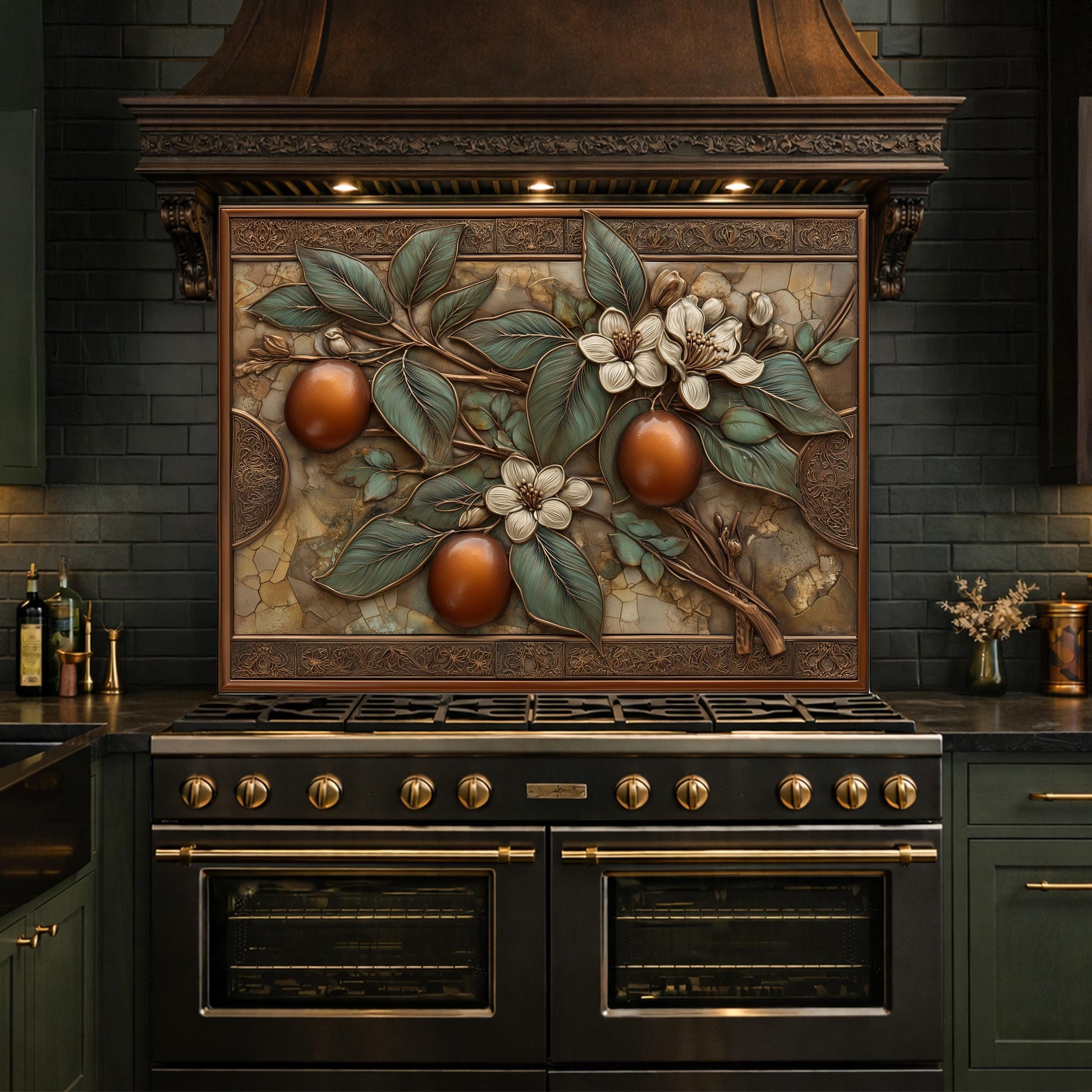 Botanical Lemon Tempered Glass Backsplash, Copper Look Citrus Fruit Wall Panel, Custom Size