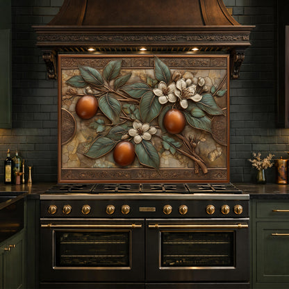 Botanical Lemon Tempered Glass Backsplash, Copper Look Citrus Fruit Wall Panel, Custom Size