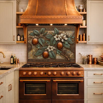 Botanical Lemon Tempered Glass Backsplash, Copper Look Citrus Fruit Wall Panel, Custom Size