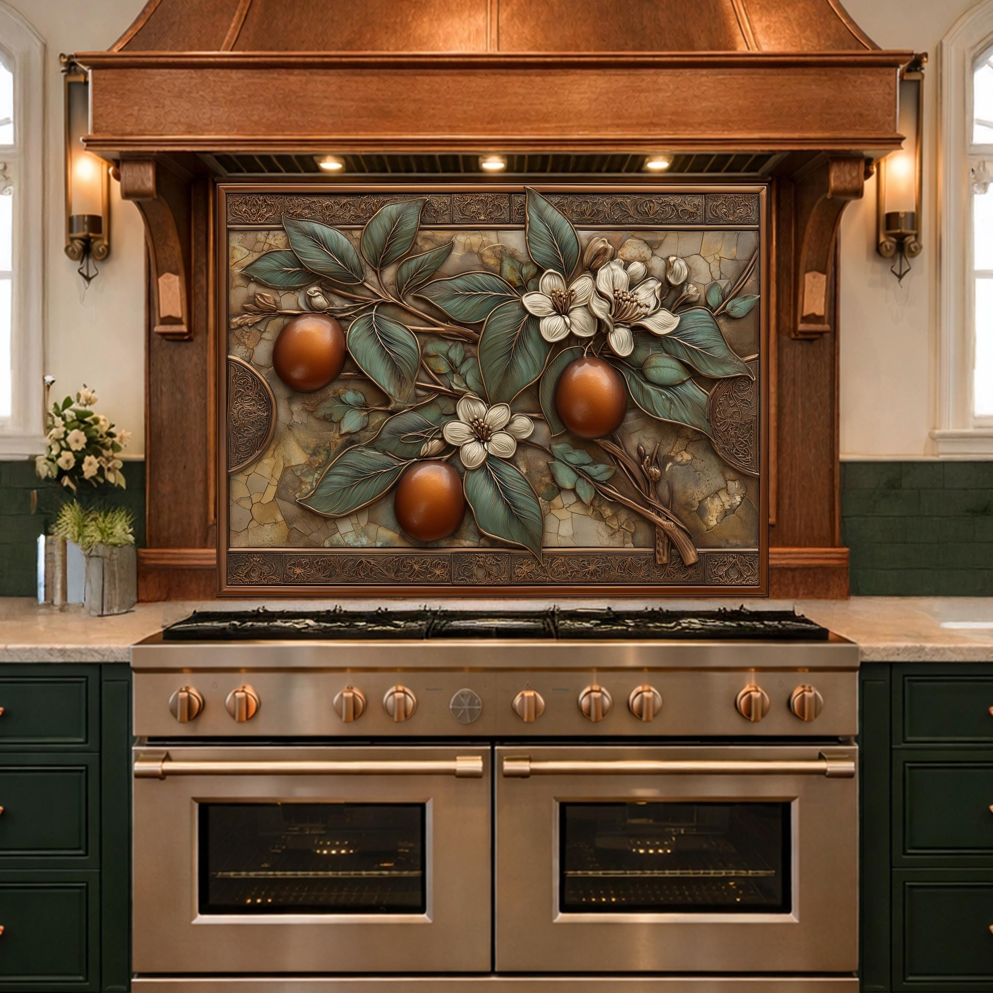 Botanical Lemon Tempered Glass Backsplash, Copper Look Citrus Fruit Wall Panel, Custom Size