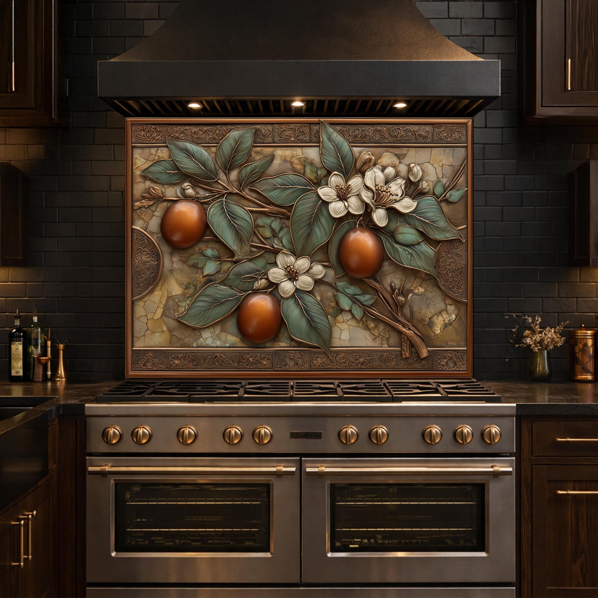 Botanical Lemon Tempered Glass Backsplash, Copper Look Citrus Fruit Wall Panel, Custom Size