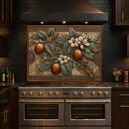 Botanical Lemon Tempered Glass Backsplash, Copper Look Citrus Fruit Wall Panel, Custom Size