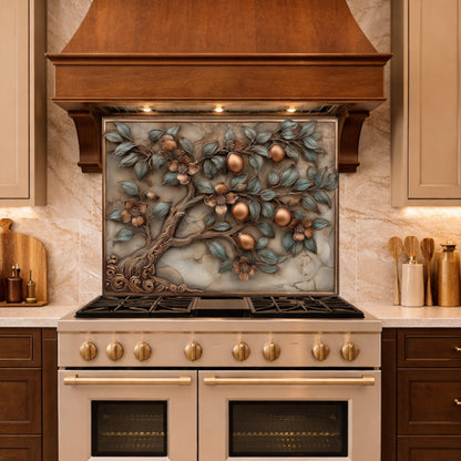 Rustic Lemon Tree Tempered Glass Backsplash, Copper Look Citrus Fruit Wall Panel, Custom Size