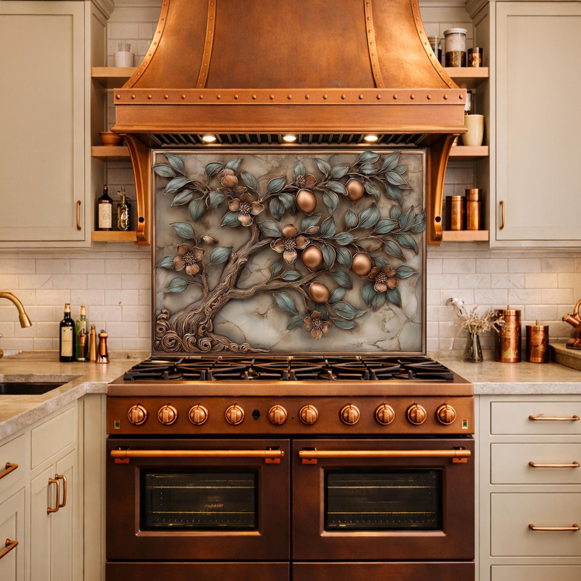 Rustic Lemon Tree Tempered Glass Backsplash, Copper Look Citrus Fruit Wall Panel, Custom Size