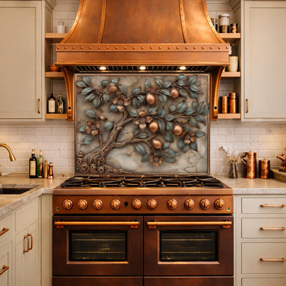 Rustic Lemon Tree Tempered Glass Backsplash, Copper Look Citrus Fruit Wall Panel, Custom Size