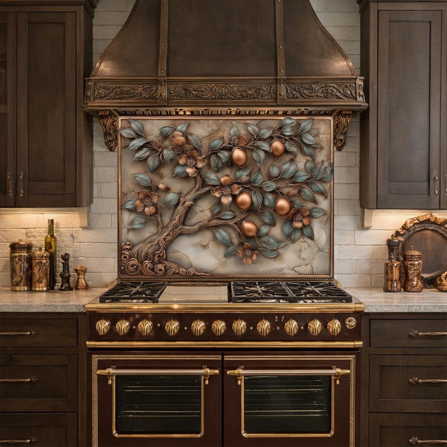 Rustic Lemon Tree Tempered Glass Backsplash, Copper Look Citrus Fruit Wall Panel, Custom Size