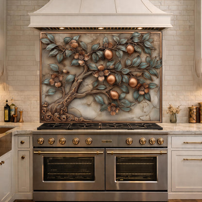 Rustic Lemon Tree Tempered Glass Backsplash, Copper Look Citrus Fruit Wall Panel, Custom Size