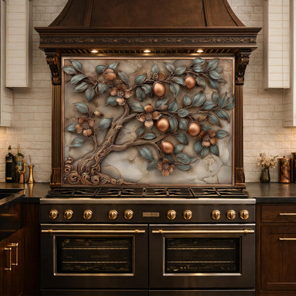 Rustic Lemon Tree Tempered Glass Backsplash, Copper Look Citrus Fruit Wall Panel, Custom Size