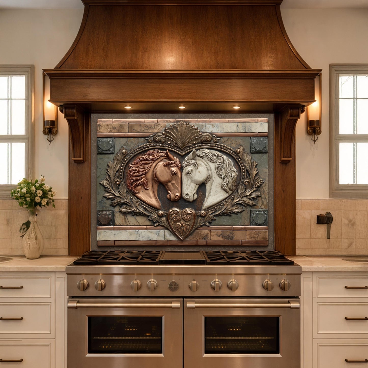 Loving Horses Tempered Glass Backsplash, Copper Look Equine Heart Wall Panel, Custom Size