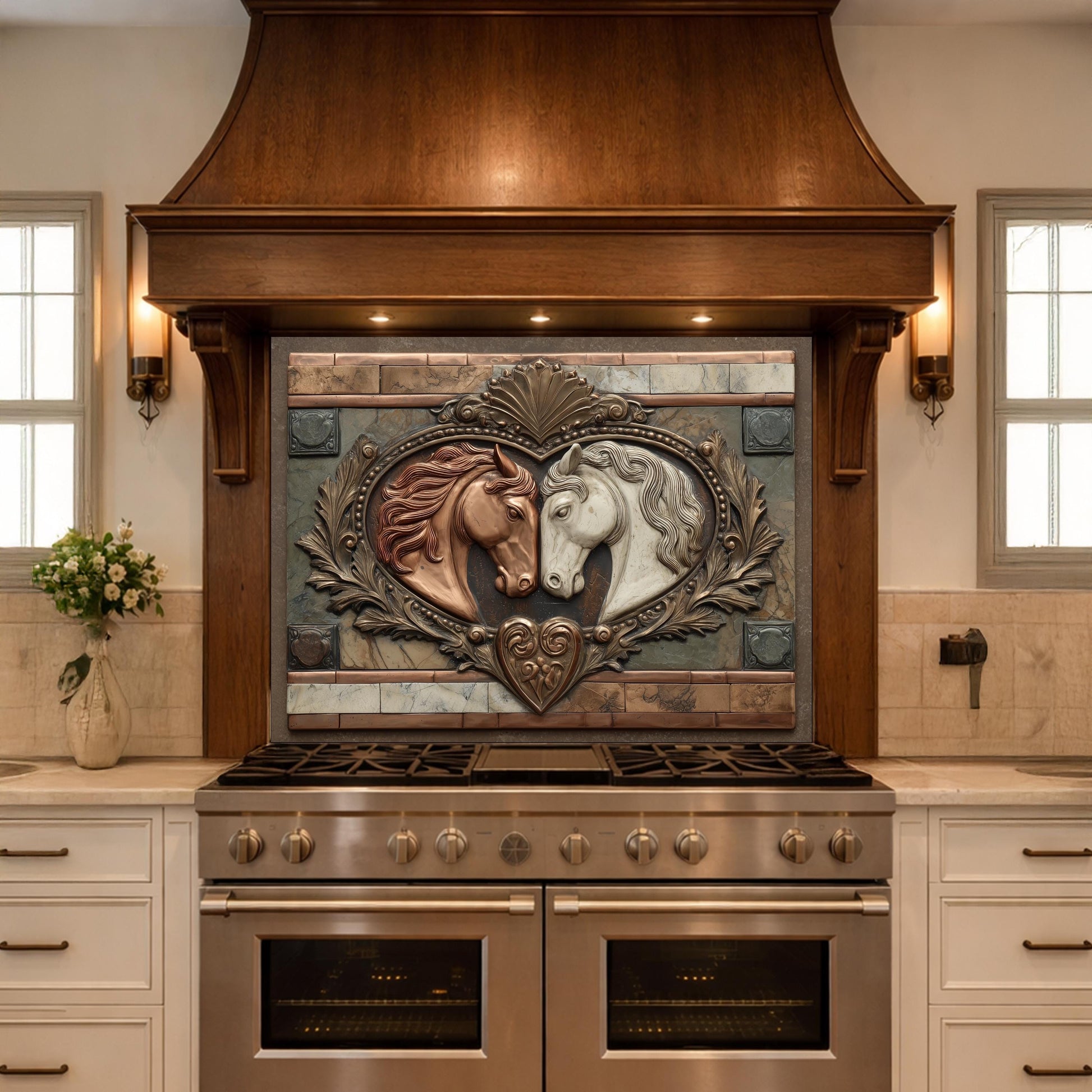 Loving Horses Tempered Glass Backsplash, Copper Look Equine Heart Wall Panel, Custom Size