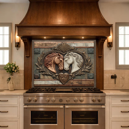 Loving Horses Tempered Glass Backsplash, Copper Look Equine Heart Wall Panel, Custom Size