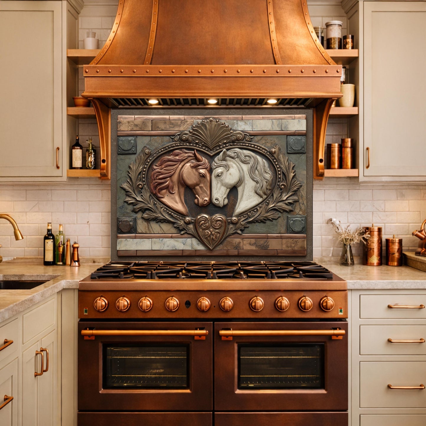 Loving Horses Tempered Glass Backsplash, Copper Look Equine Heart Wall Panel, Custom Size