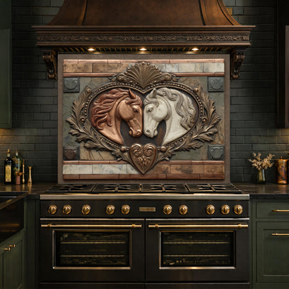 Loving Horses Tempered Glass Backsplash, Copper Look Equine Heart Wall Panel, Custom Size
