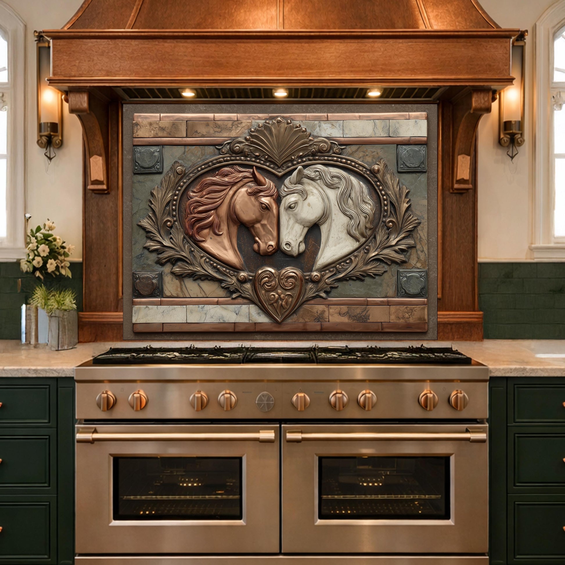 Loving Horses Tempered Glass Backsplash, Copper Look Equine Heart Wall Panel, Custom Size