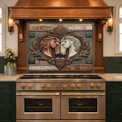 Loving Horses Tempered Glass Backsplash, Copper Look Equine Heart Wall Panel, Custom Size