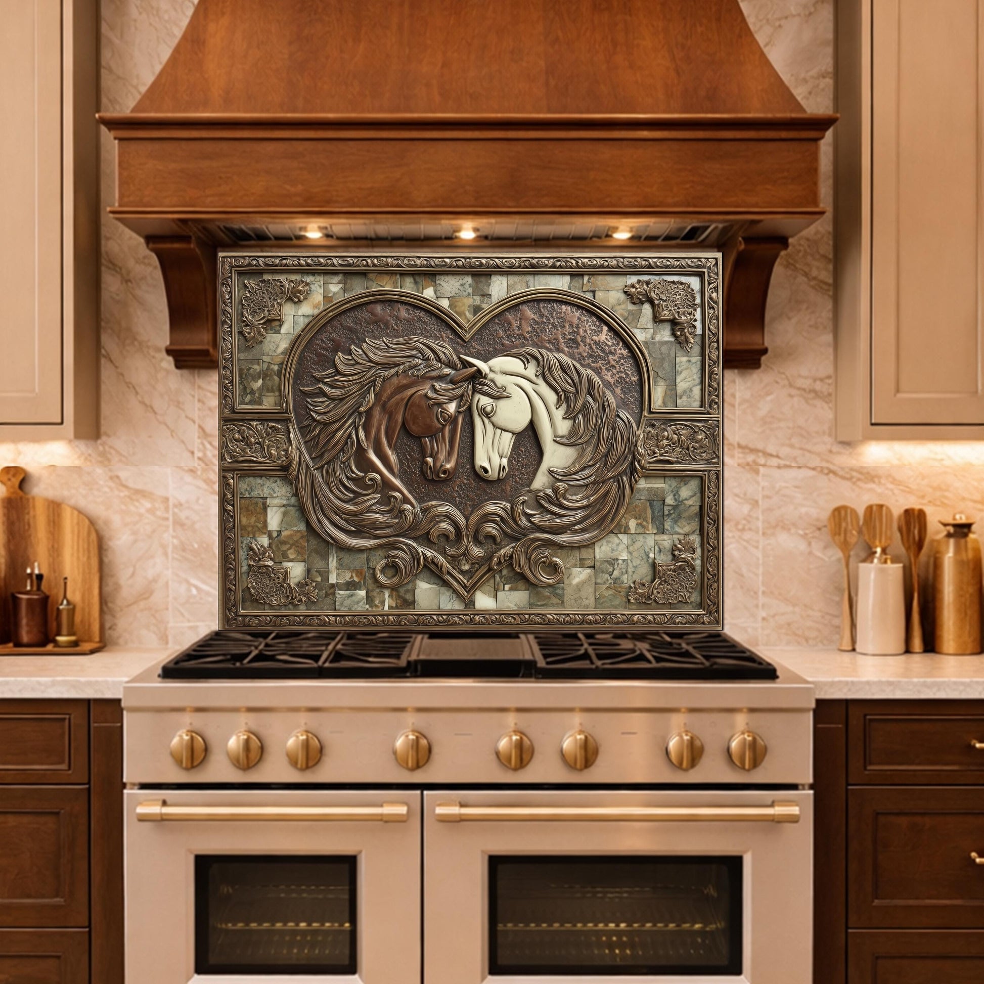 Loving Horses Tempered Glass Backsplash, Copper Look Heart Horse Wall Panel, Custom Size