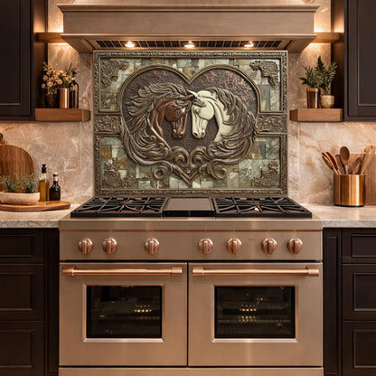 Loving Horses Tempered Glass Backsplash, Copper Look Heart Horse Wall Panel, Custom Size