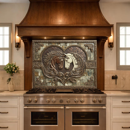 Loving Horses Tempered Glass Backsplash, Copper Look Heart Horse Wall Panel, Custom Size